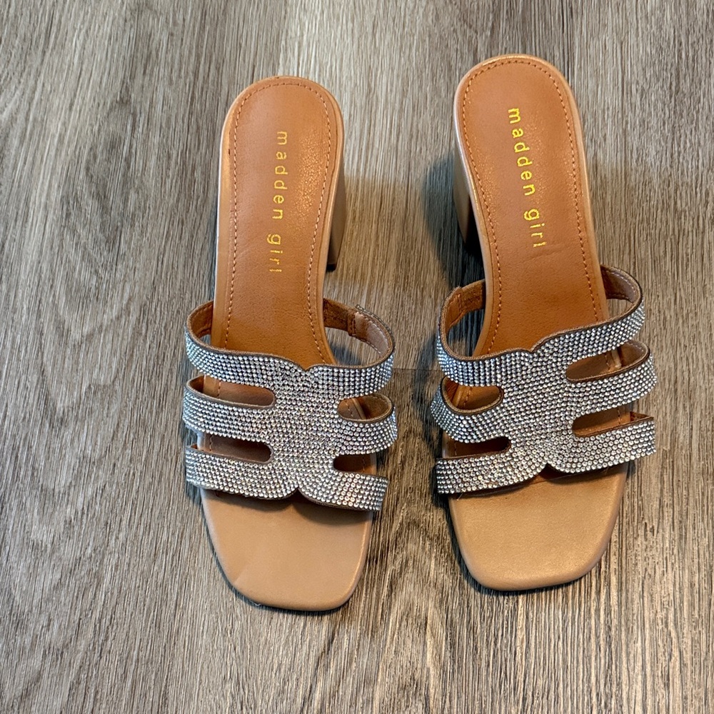 Madden Girl Tan Slide Heels with Silver Crystal Straps